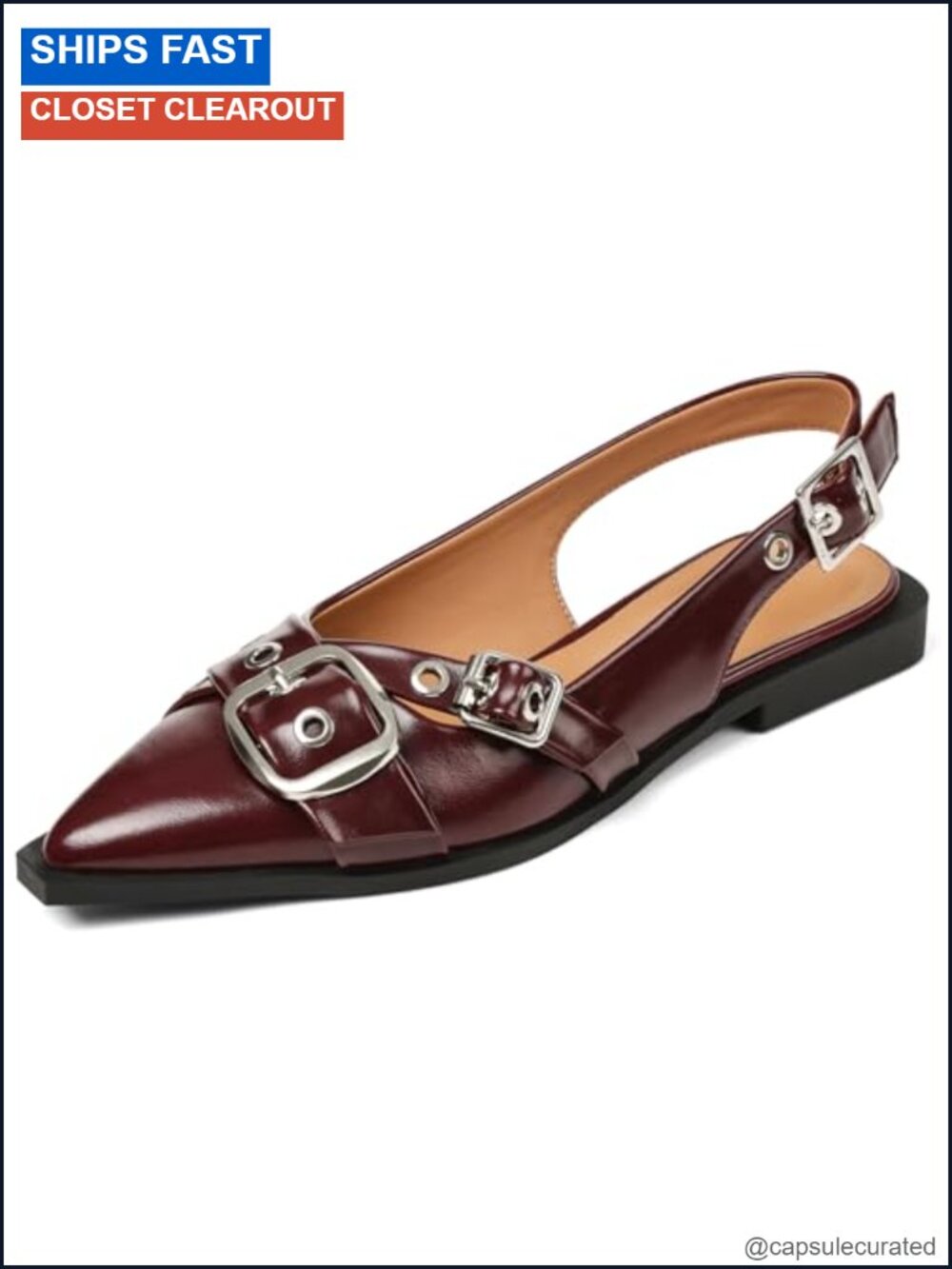 Slingback Flats Closed Pointed Toe Low Heel Patent Leather